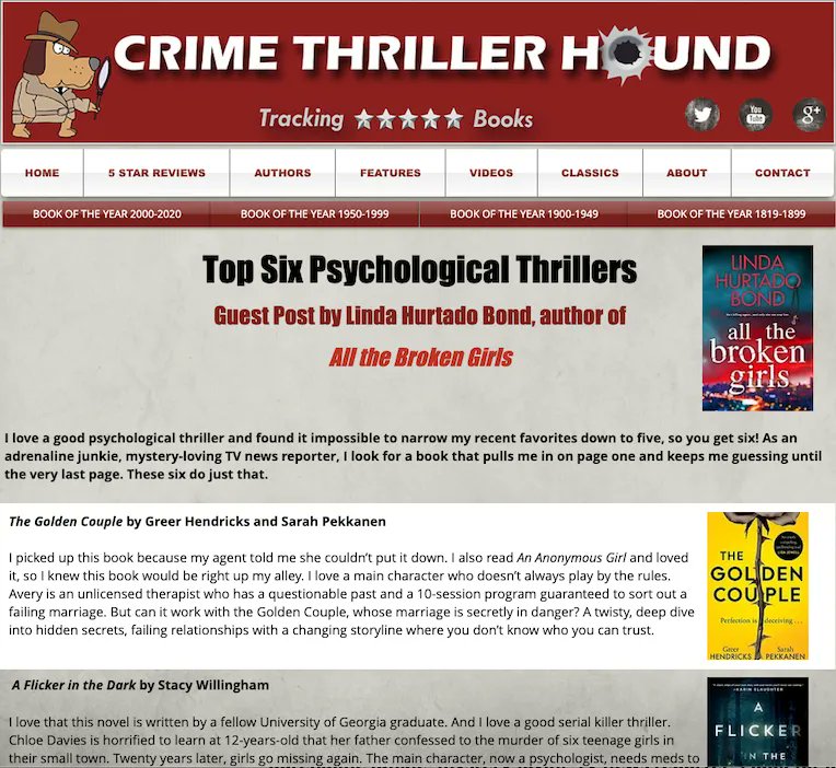 AuthorLindaBond's tweet photo. Who doesn't love a page-turning thriller?! I couldn't narrow it down to only 5 so here are my top 6 favorites. @CTHound featuring #GreerHendricks, @sarahpekkanen, #Stacywillingham, #LauraDave, @ColleenHoover, @andibartz and @SlaughterKarin.
Read it at https://t.co/t5F9efWPZG. https://t.co/ZVIfwciwKb