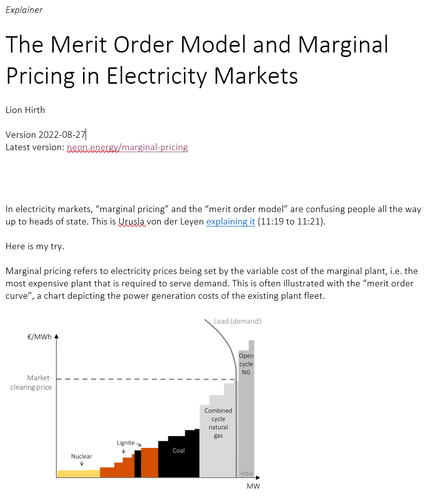 There is a lot of confusion about #MarginalPricing and the #MeritOrder.

I am adressing three common misconceptions in this two-page explainer: neon.energy/marginal-prici…

1) Marginal pricing is not unique to power markets. Quite the opposite ...