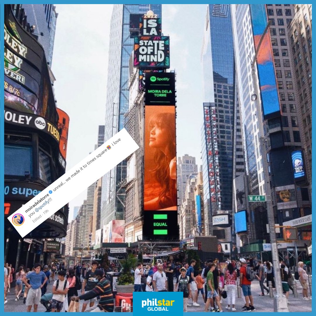 PhilstarNews's tweet photo. MOIRA MADE IT TO TIMES SQUARE! 😭

Singer Moira Dela Torre could not believe that she had appeared on a digital billboard in Times Square in New York City. She shared this exciting news in an Instagram post on Friday.

“[U]nreal... we made it to times square,” she wrote on IG. https://t.co/NQFKWMc6UM