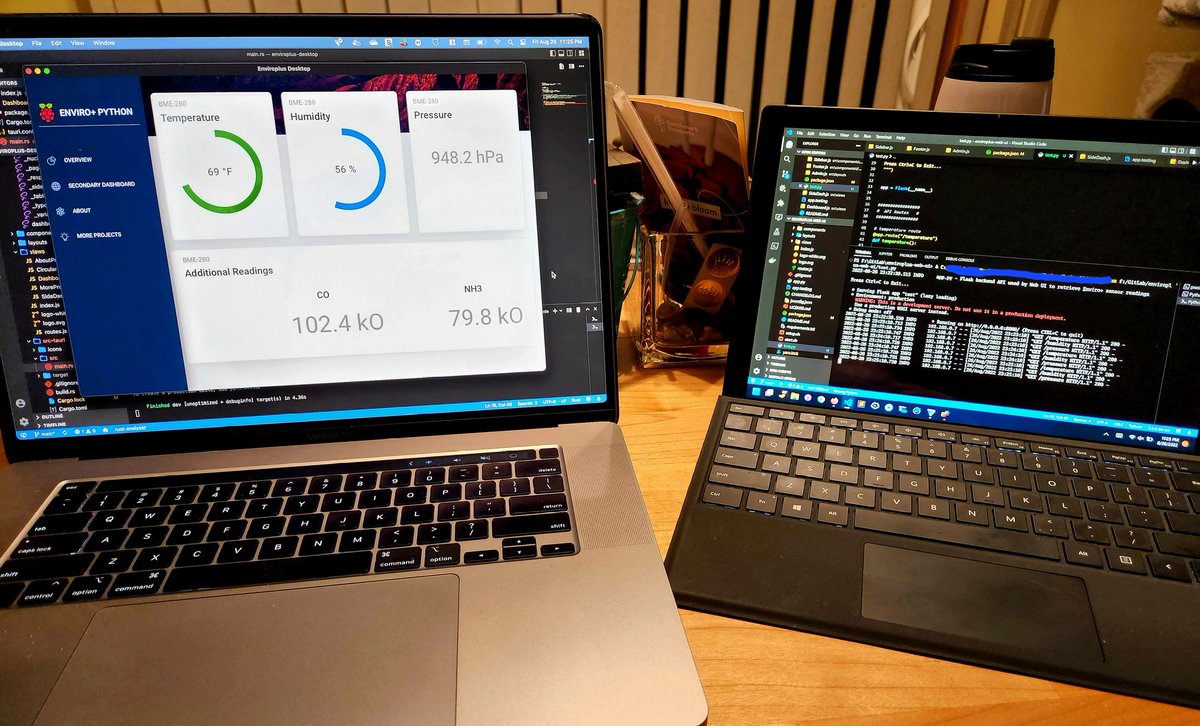 EddieSneed66's tweet photo. Been a long evening working on the finishing touches for the standalone desktop version of my @pimoroni #enviroplus dashboard! Unlike the original Web UI which ran everything on a @Raspberry_Pi 4, the standalone app can run on another device and request data from the Pi! #IoT https://t.co/7TJonBZSXs