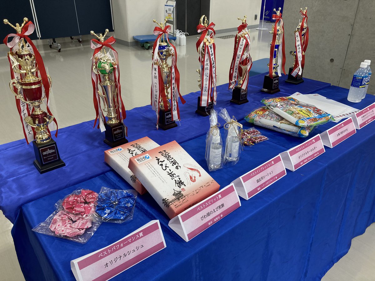 BCheerfes's tweet photo. 入場口(1階)付近には各賞のトロフィーと賞品を展示しています🏆
#滋賀宝 様、#ヘアーズボウグループ 様、 #POMCHE 様、 #村田製作所 様、 #キリンビバレッジ 近畿圏地区本部様 より賞品をご提供いただいています‼️ https://t.co/ZfsIdjhfYX