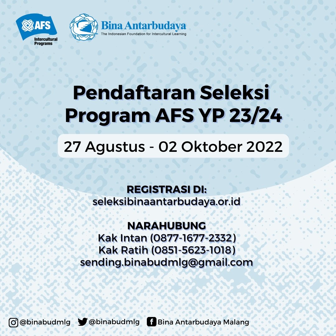 binabudmlg's tweet photo. Become an exchange student with AFS Program!

Akhirnya hari yang Adik-adik tunggu datang juga, karena saat ini pendaftaran program AFS telah dibuka. 

Jadi tunggu apalagi?? Yuk buruan daftar! Don’t miss out! 

#seleksiAFS2324 #afseffect #binaantarbudaya #studyexchange https://t.co/a0h7N44C47