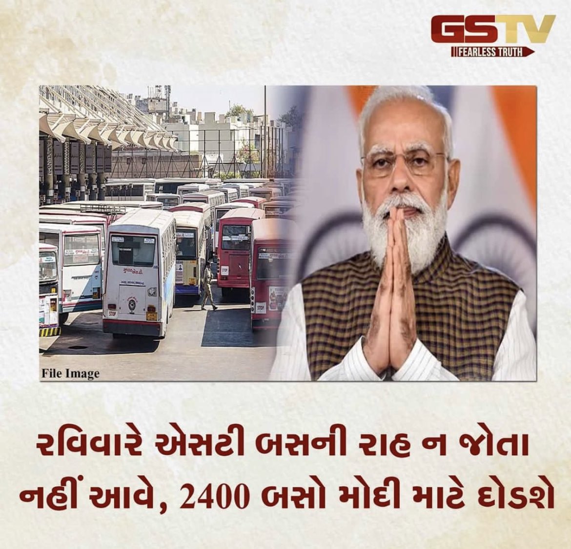 HasanSafin's tweet photo. 2400 state transport buses will not serve common people of Gujarat tomorrow. Instead, they will be used to gather crowd for PM Modi’s event at Kutch! 

Any CBI raid? 
Any Media trial? https://t.co/ouPQpc7Ykd