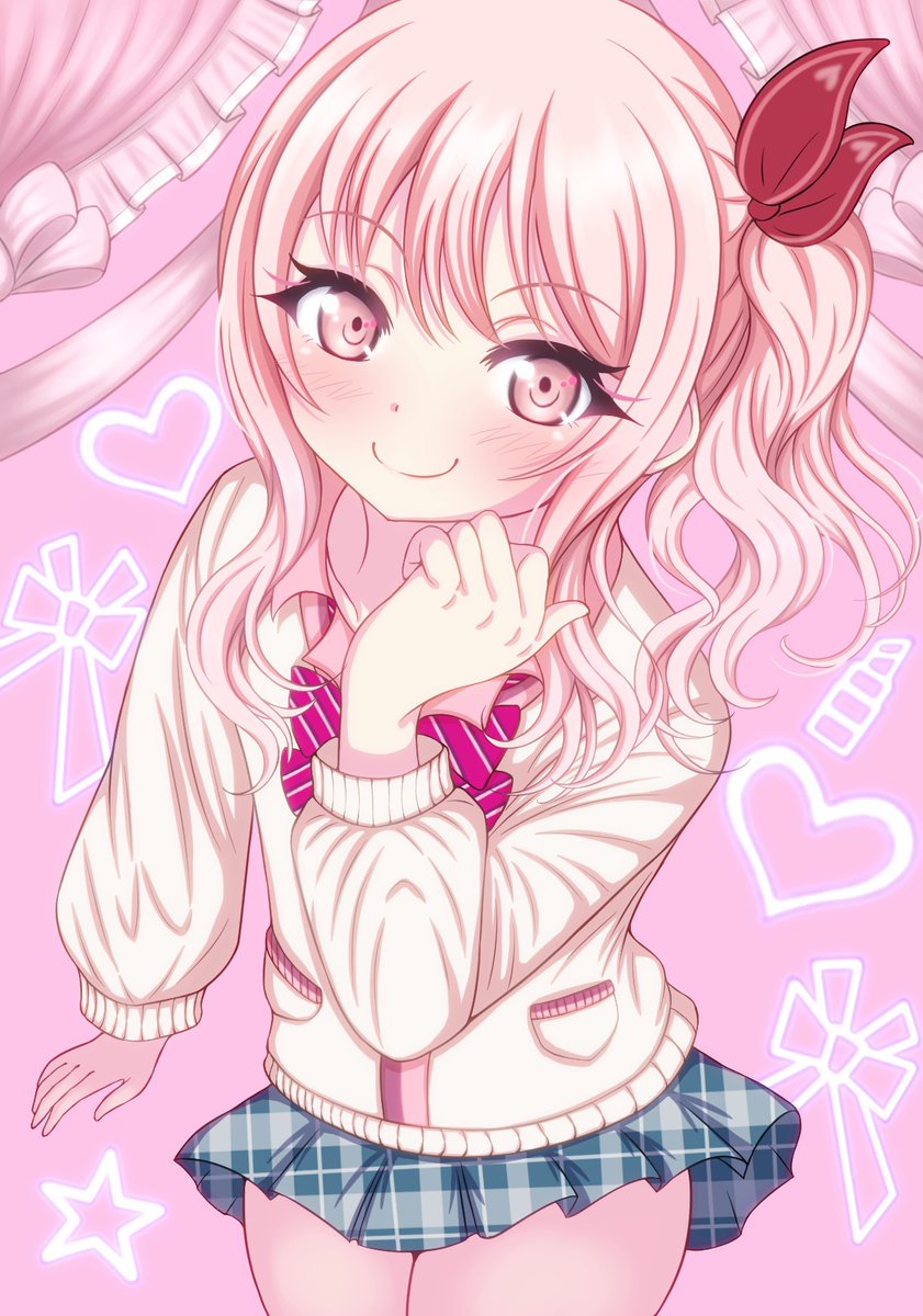 1other pink hair skirt pink eyes side ponytail school uniform bow  illustration images