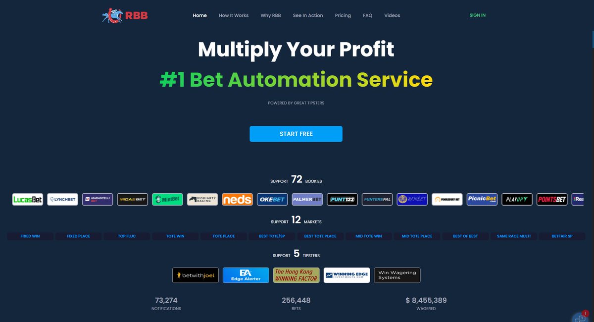 rbb_bet's tweet photo. RBB supports 72 bookies now.

Our bot has now wagered over $8 Million dollars for Australian Punters, delivering an overall positive return of $300,000! https://t.co/mA0IcxeOia