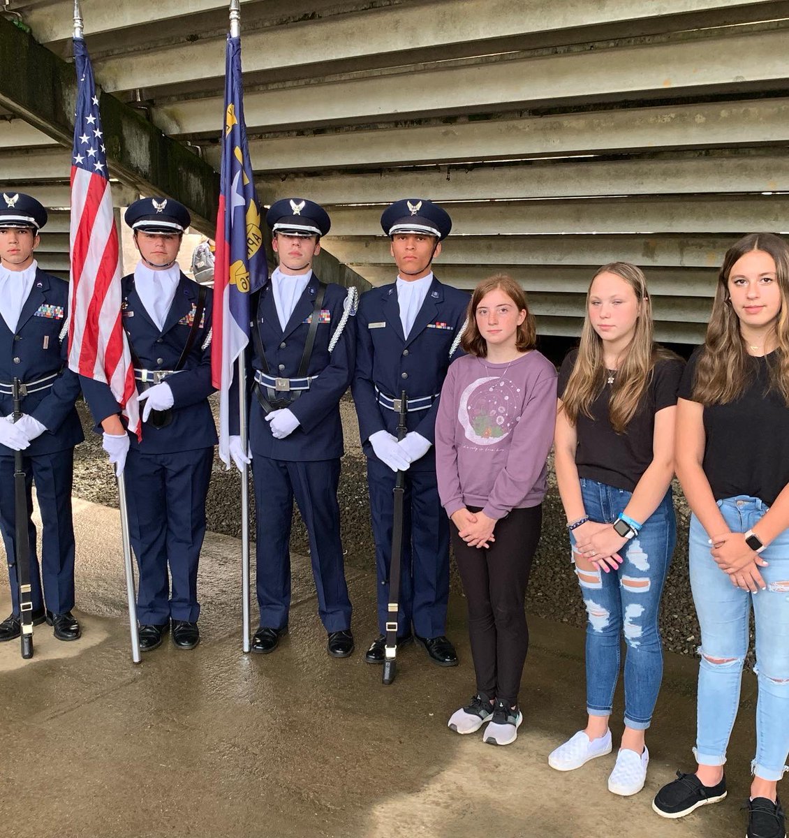 THSAirpower's tweet photo. Cadets presented colors for East Rutherford v. Tuscola football game. Commanding-U.S. Flag-C/Major Mark Mulholland, Right Rifle Guard C/2nd Lt Noah Walworth, NC Flag C/TSgt Ryan Clausen, & Left Rifle Guard C/TSgt Calvin Holloway. #THSAirpower #NC075 #thsafjrotc #50yearsNC75 https://t.co/6KlUFgI7ui