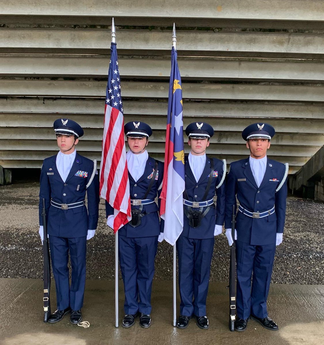 THSAirpower's tweet photo. Cadets presented colors for East Rutherford v. Tuscola football game. Commanding-U.S. Flag-C/Major Mark Mulholland, Right Rifle Guard C/2nd Lt Noah Walworth, NC Flag C/TSgt Ryan Clausen, & Left Rifle Guard C/TSgt Calvin Holloway. #THSAirpower #NC075 #thsafjrotc #50yearsNC75 https://t.co/6KlUFgI7ui