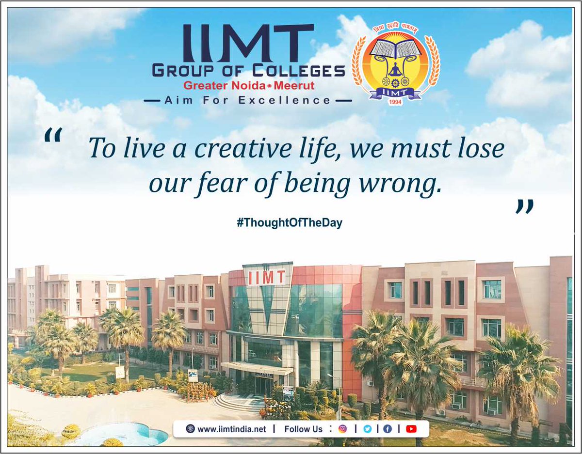 iimtnoida's tweet photo. "To live a creative life, we must lose our fear of being wrong."
https://t.co/UOh7RIbr6l
Call Us: 9520886860
#inspiringquotesdaily #AdmissionOpen2022
#EngineeringCollege #AKTUadmission
#MBAadmission2022 #MCAadmission2022
#CollegeofPharmacy #ManagementCollege https://t.co/kc1VEC8Mef