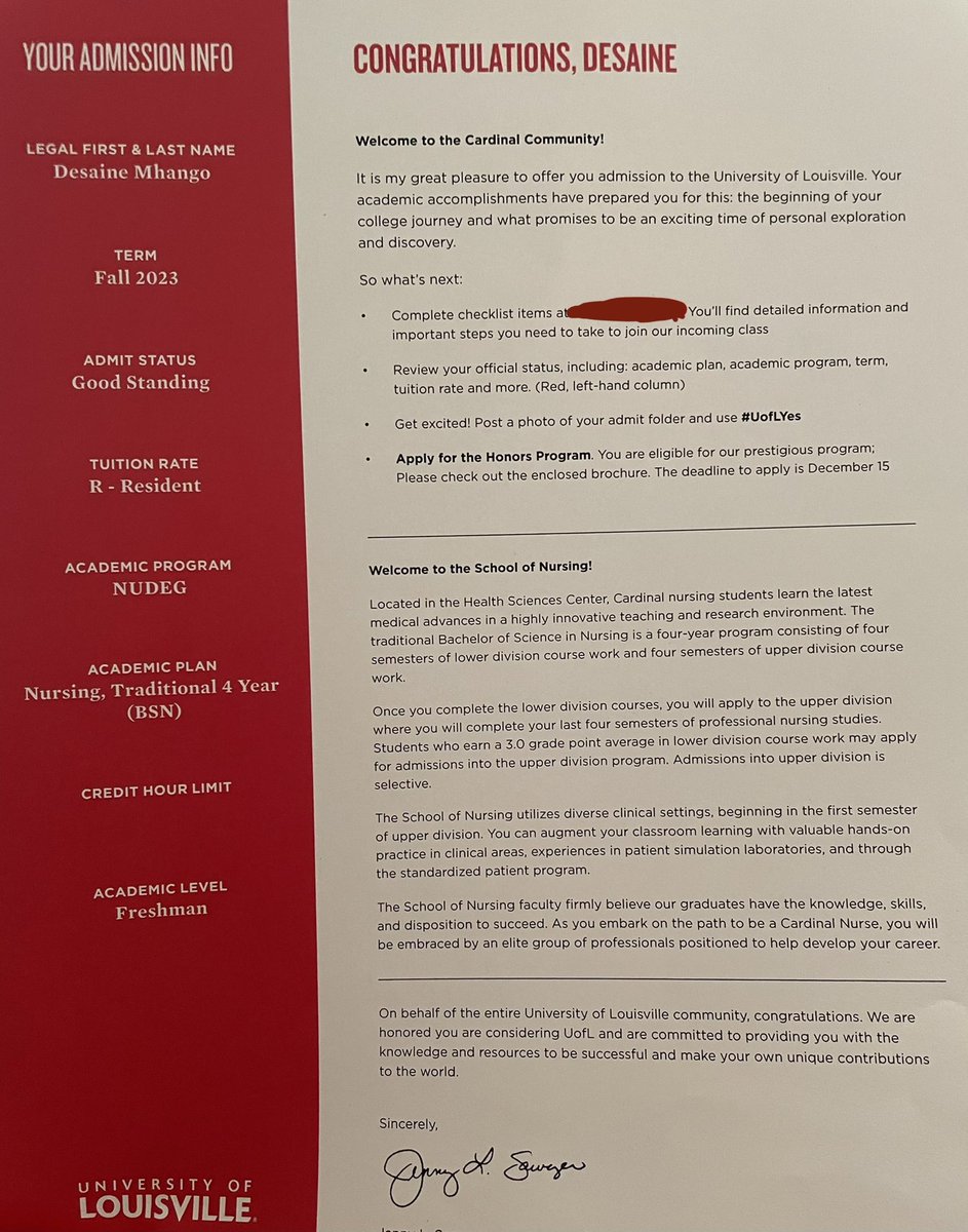 Our girl <a href="/MhangoDesaine/">Desaine Mhango</a> got her 1st acceptance letter today! Very proud of her being accepted into the U of L School of Nursing! She’s also eligible to apply for the Honors Program! 💪🏽👩🏽‍⚕️ Getting close to decision time! <a href="/uofl/">University of Louisville</a> #prouddad #collegebound