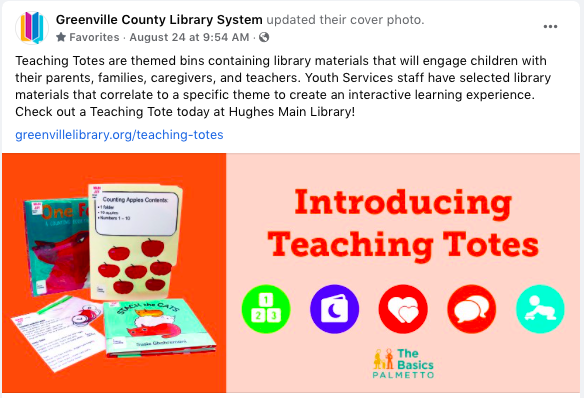 BasicsPalmetto's tweet photo. Greenville are families, we love these "Teaching Totes" created by @GCLSLibrary that promote the @palmettobasics! Check them out at Hughes Main Library! 💛
#DoBasics https://t.co/P6hej8k13A