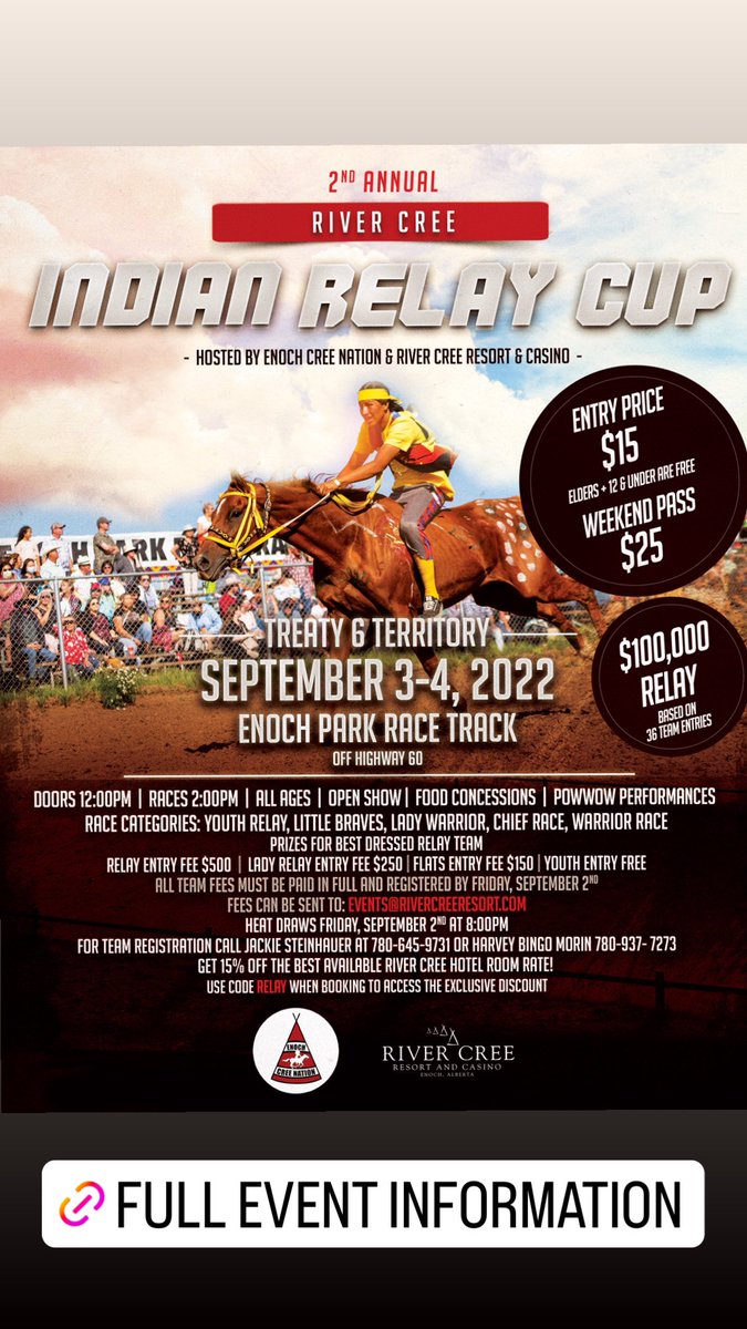 RiverCreeCasino's tweet photo. 🐴 It is going to be an 𝐄𝐗𝐂𝐈𝐓𝐈𝐍𝐆 𝐋𝐎𝐍𝐆 𝐖𝐄𝐄𝐊𝐄𝐍𝐃 for INDIAN RELAY at the ENOCH RACE PARK! Teams will race for up to $100, 000 ~ Sept 3 & 4, 2022!!
FULL event info: https://t.co/xZ3jrMXe24
#yeg #enochcreenation #indianrelay #rivercree #alberta #treatysix https://t.co/Jh8pGGcvvI