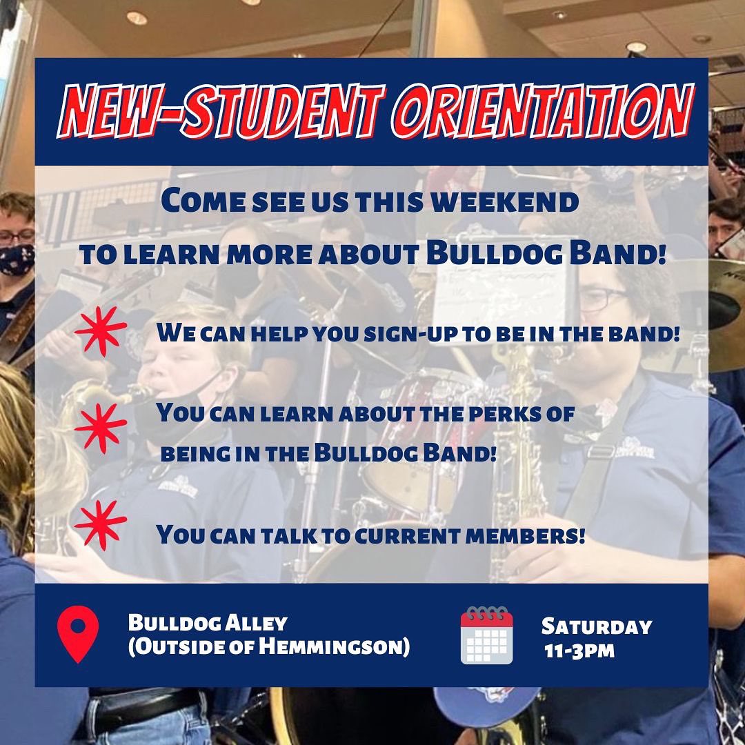 Gonzaga_Band's tweet photo. We are outside of Hemmingson in Bulldog Alley tomorrow from 11AM to 3PM! Come talk to us and sign-up for Bulldog Band! 🎶🎺🎸🥁🎵 #OrientationWeekend | #JoinBulldogBand
 @ZagFirstYear @gonzagau 
@gonzagafamilies @ZagsInvolved https://t.co/YdgrGZaEvX