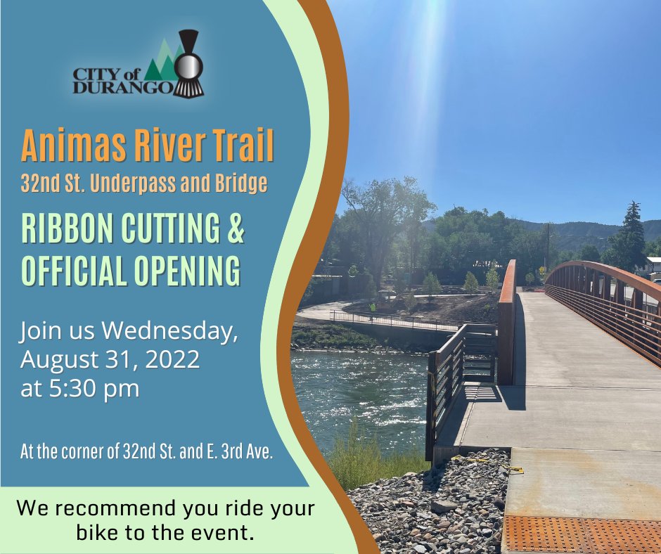 CityofDurango's tweet photo. The city of Durango is hosting a grand-opening event at 5:30 p.m. Wednesday, Aug. 31 at the corner of 32nd Street and East Third Avenue to celebrate the completion of the 32nd Street bridge. https://t.co/DrWyiq7BGP