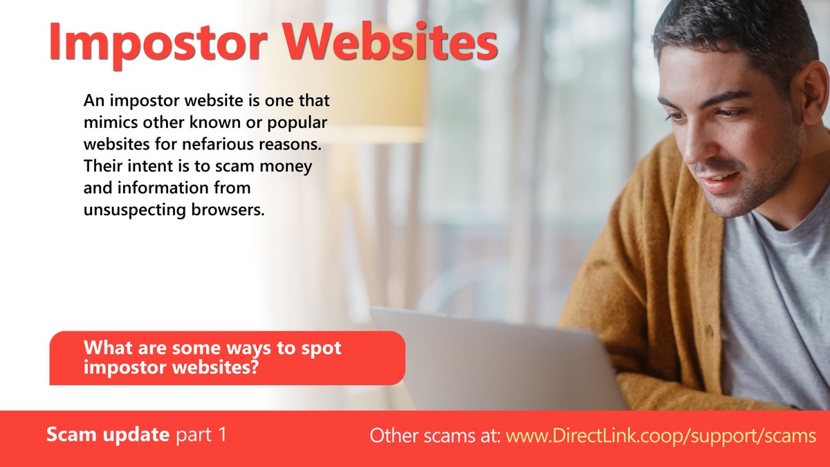 DirectLinkCoop's tweet photo. Watch out for impostor websites that mimic other well-known sites in an attempt to steal your personal or payment information. They can be designed to look real, but there are red flags to watch out for. 

Swipe to the second image for 3 tips to help identify impostor sites. https://t.co/yKoGyzpyd9