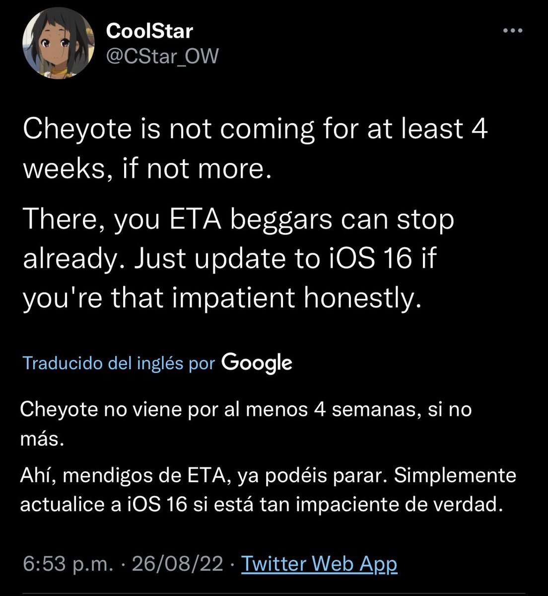 joniiirl's tweet photo. CoolStar just confirmed that their #cheyote Jailbreak for IOS15 will be released in at least a month or more🤦🏻‍♂️

CoolStar asks that if you don't have the patience, you can upgrade to IOS16🤷🏻‍♂️

To the ETA beggars CoolStar asks that they stop begging❌ https://t.co/s6K6ONY5pO