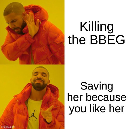 wald_dnd's tweet photo. An oldie but goodie. A few months ago, friend and I rescued the BBEG because his character was mildly in love with her.  Ended up fighting with the other pc’s #dnd #dndmemes #splittheparty #pvpcombatdnd https://t.co/De6JXv4F4F