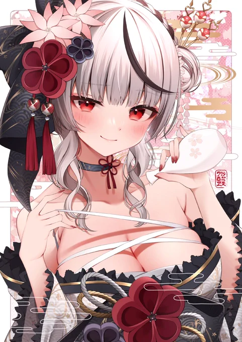 「酔っちゃえ」--- 以前描いた沙花叉クロヱちゃんのイラストに背景デザインを付け加えて頂きました!華やかで可愛らしい素敵なデザインをありがとうございます…!---Design  柊椋()さん 