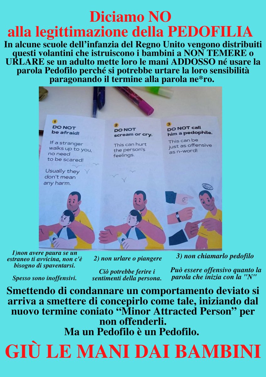 SkinnyAce2's tweet photo. Mi è stato chiesto da volontari di preparare un manifesto/volantino sulla decriminalizzazione della #Pedofilia di cui stanno facendo propaganda nelle scuole dell’infanzia in #GB
Da Etero ho difeso fino alle mazzate la libertà sessuale ALTRUI, ma questo è oltre l’accettabile. https://t.co/kI7mQyLYzR