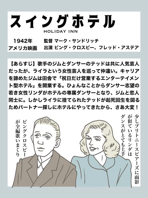 Amazon primeでクラシック映画
その8「スイングホテル」
芸人生活に疲れた主人公が祝日のみ営業するエンターテイメント型リゾートホテルを開業。応募してきたダンサーを夢見る若い女性と恋仲になるが、そこにかつての相方が‥という王道のミュージカルです
#AmazonPrimeVideo #classicmovies 