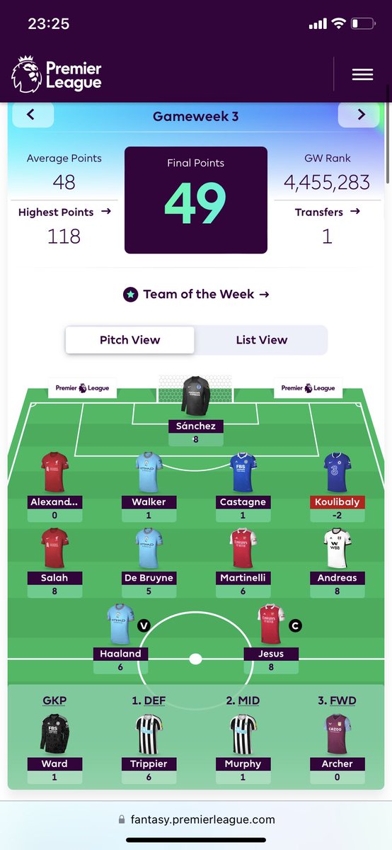 FplBiggi's tweet photo. Gameweek 3 

Overall a bad gameweek for almost everybody, me included. The defence really let me down and Gabriel should have gotten at least one goal. But I will bounce back!

Team for gameweek 4 will come tomorrow https://t.co/FTlWJ8lEdp