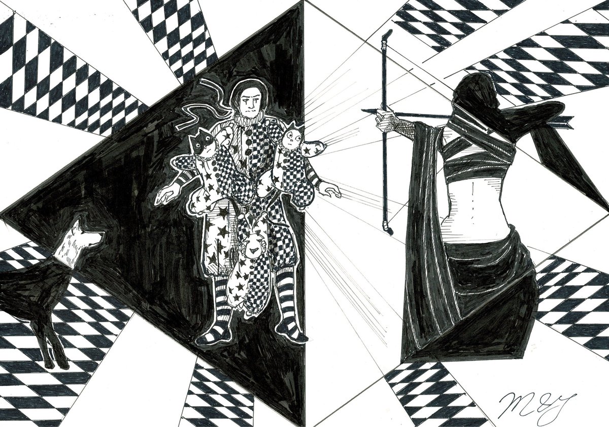MJH72048669's tweet photo. 🏝️Treasure island series
(illustration )
The gatekeeper aims her bow and arrow at the clown's heart.
by🎪🃏😸😺🐶《Clown and cheerful friends》
#illustrator #original
#analog #OCイラ
#serialize https://t.co/idUjhyXFZt