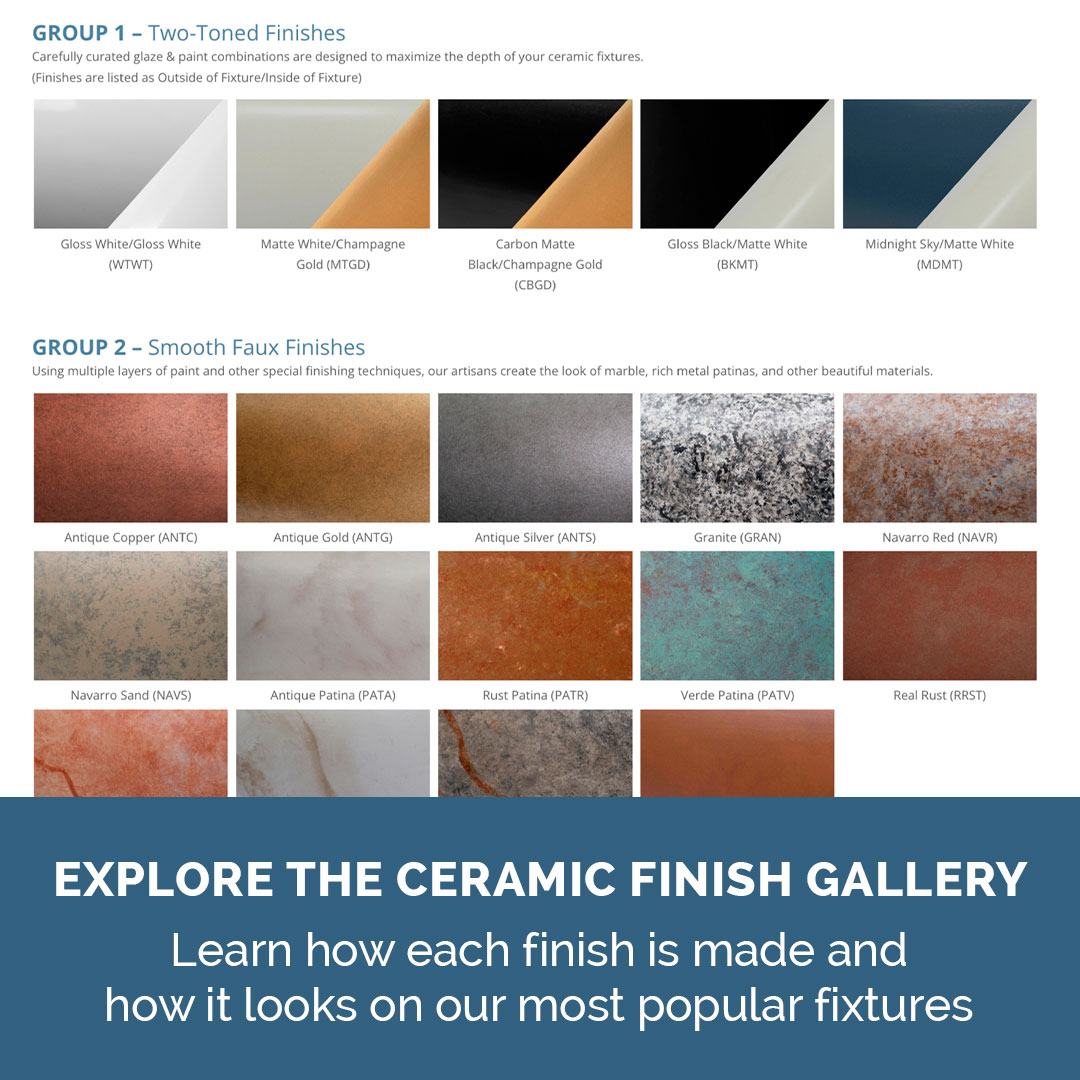 JDGLLC's tweet photo. Explore the new Ceramic Finish Gallery on https://t.co/9JkSee6MI0! View all of our 40+ hand-crafted finishes in detail and learn how they look on our most popular fixtures. 

View the Gallery here and get inspiration for your next project! https://t.co/CigpGkKwaS https://t.co/JfKNoVHQgl