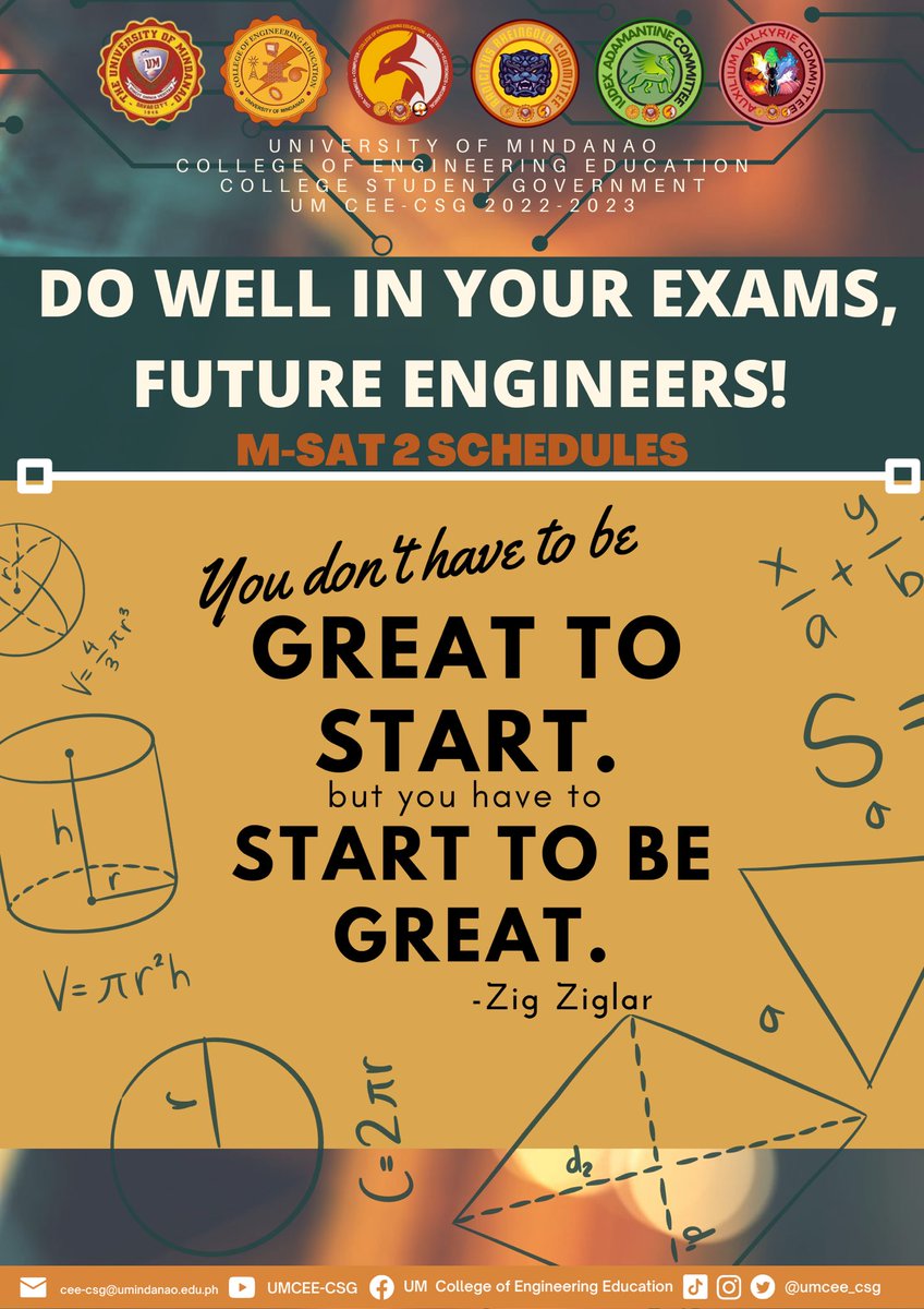 um_ceecsg's tweet photo. ๐บ๐บ๐บPADAYON, GA๐บ๐บ๐บ
Reckon that you will pass the exam. Steel your hearts and minds to possess confidence. Inhale the reek of success and positivity.
Padayon, Ga!
#umceecsg
#1stExamination
#MSat2 https://t.co/FiOz60zLGf