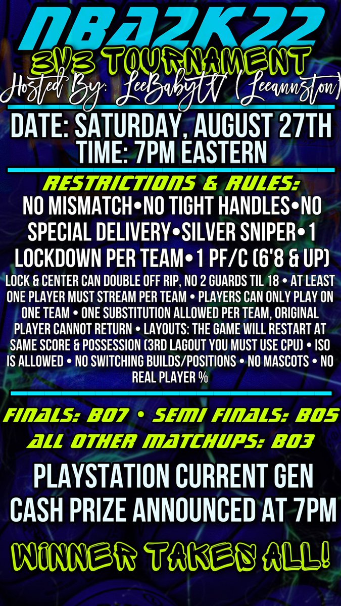 LEES LAST 2K22 TOURNAMENT🏟CASH PRIZE ANNOUNCED AT TOURNEY START! 🤑

TAG 3 PEOPLE YOU WANT TO SEE PLAY! 😈👀

-team captain must be subbed to my twitch
-captains REGISTER YOUR TEAM using the link in the replies, be sure to list the psn/twitch of teammates
-DM to CONFIRM

♥️ &amp; ♻️