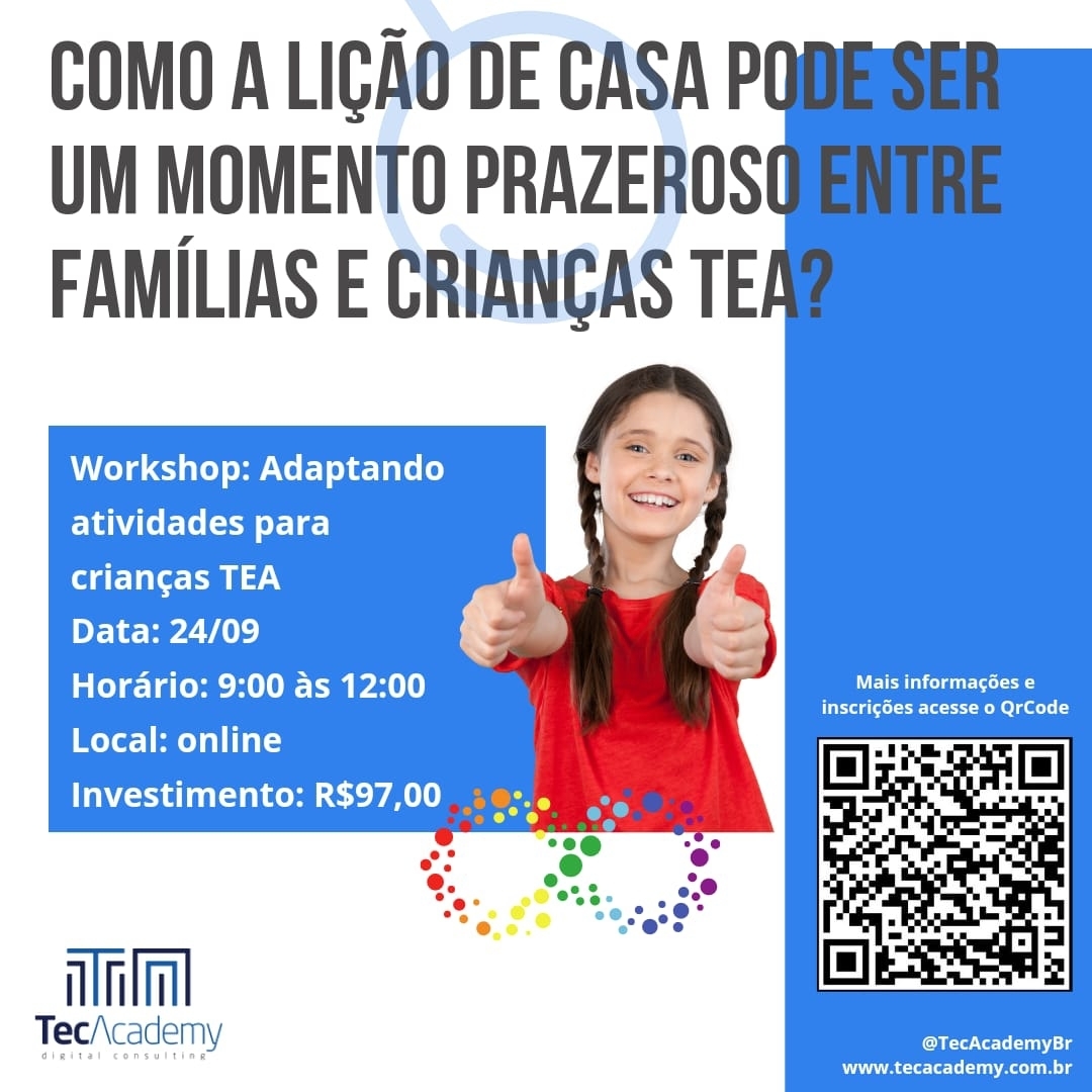 TecAcademyBr's tweet photo. Participe do nosso #workshop Adaptando atividades para crianças TEA (Transtorno do Espectro Autista).

Mais informações no QrCode

🗓 Quando: 24/09
💻 Onde: online
🪙 Quanto: Primeiro lote promocional
📲 Inscrições: https://t.co/Auaw8EMrMk

#TecAcademyBr
#autismo
#adaptacoes https://t.co/CjCSrRVpLK