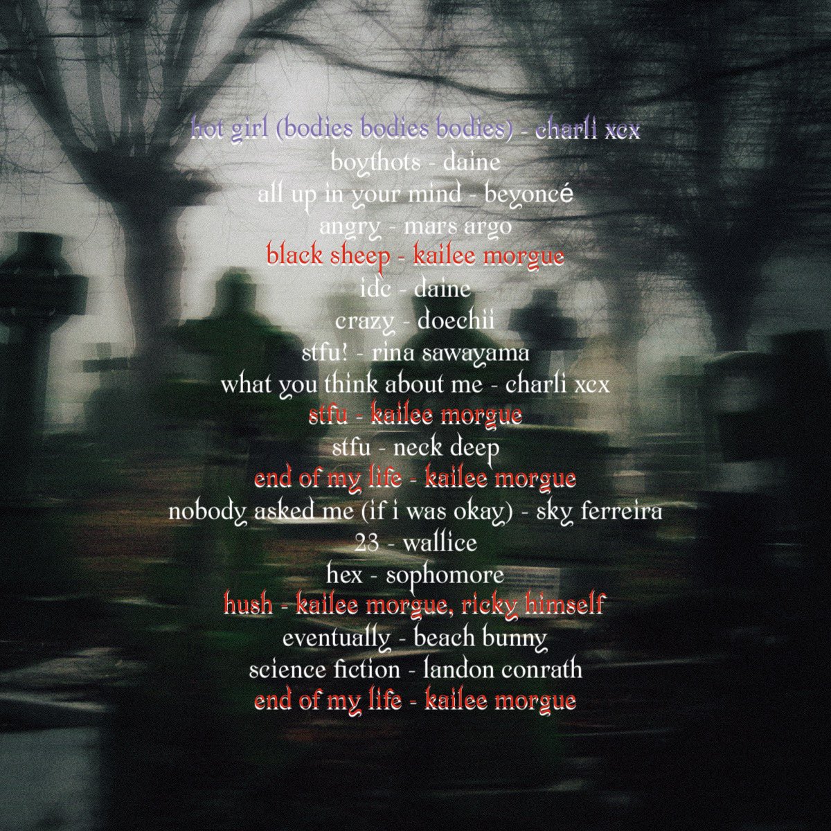 morguemedia's tweet photo. from @keniandthejets to @charli_xcx, from @beyonce and @estrada_foo here are kailee’s picks (and many more!) for this dieners playlist update !! 🔪⚰️ kailee's dieners  https://t.co/9gDxjrLZSG https://t.co/39DGiOcdz2
