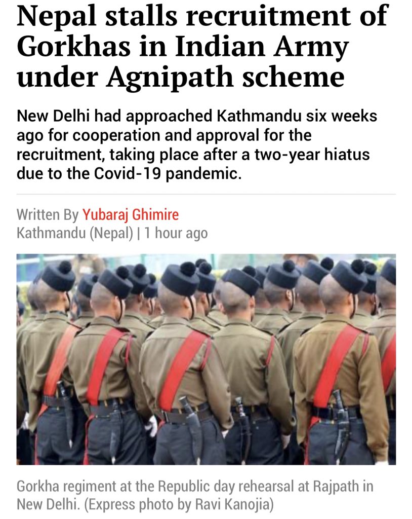 PKYADAV37304316's tweet photo. #AgainstAgnipath
#JusticeForArmyAirforceStudents
गोरखा रेजिमेंट में नेपाल के जवान भ��्ती होते रहे हैं। 
अब नेपाल सरकार ने अग्निपथ योजना के तहत भारतीय सेना में भर्ती पर रोक लगा दी। 

पूछा युवाओं के भविष्य का क्या होगा? 
75 साल पहले हुए समझौते की याद दिलाई।
@PMOIndia @rajnathsingh https://t.co/iooJywNRc9