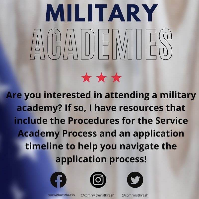 ccmrmsthrash's tweet photo. I’ve never received as many questions about the Academies as I have this year! 👉🏽 Biggest piece of advice I have is START EARLY! It's a COMPLEX process!
💻 https://t.co/gp4lMxaxPo
#smt1979ccmr #collegeandcareercounselor #militaryacademies #military #apply https://t.co/grtztD9h0b