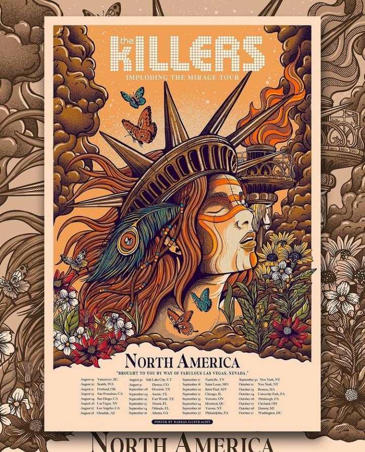 t_hekillersfan's tweet photo. Póster oficial de The Killers para la gira “Imploding The Mirage” por Estados Unidos y Canadá 🇺🇲🇨🇦

El creador es barbas.ilustracion (IG), mexicano que a partir de crear un póster para los conciertos de México, la banda lo contactó para hacer los carteles oficiales de la gira 🇲🇽 https://t.co/MBoxKSLIAM