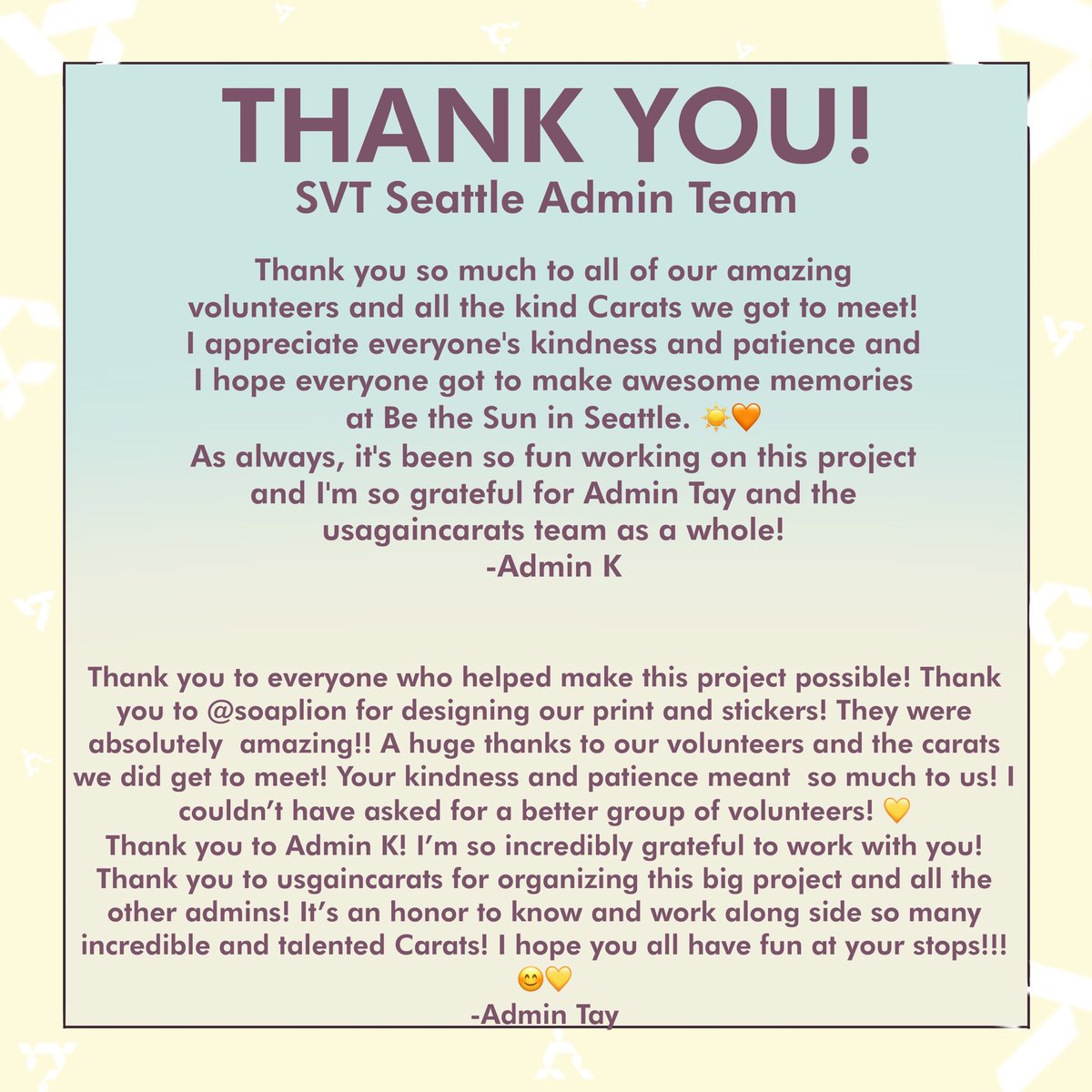 SVTSeattle's tweet photo. Thank you, Carats 🧡☀️

+ Donors who haven’t received their goods yet, make sure you check your email for a message from Admin Tay from several days ago!

#SVTSeattle #BeTheSunSeattle #BETHESUN_SEATTLE https://t.co/2AQas5F2QS