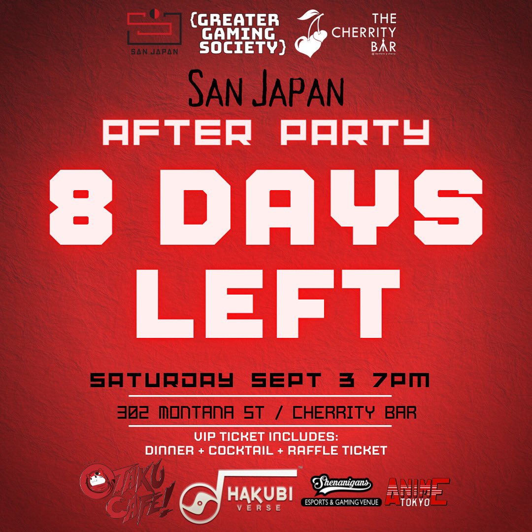 ggsafterparty's tweet photo. 8️⃣ Days left‼️ Have you got your tickets yet?
FAQ❣️Can I substitute the Otaku Cocktail for something non-alcoholic? Yes! Let the Cherrity Bar Staff know when ordering.

🎟 Get your ticket with link in bio!

#sanjapan #sanjapan13 https://t.co/R3y6VUWIua
