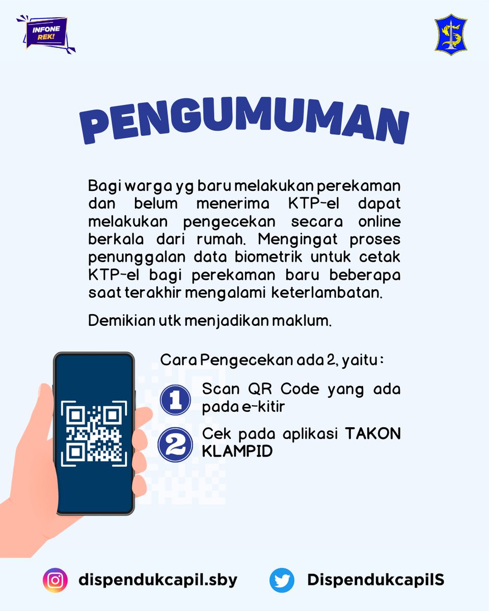 PENGUMUMAN !
Bagi warga yg baru melakukan perekaman dan belum menerima KTP-el dapat melakukan pengecekan secara online berkala dari rumah dengan melakukan scan pada QR Code di e-kitir atau cek pada aplikasi takon klampid.