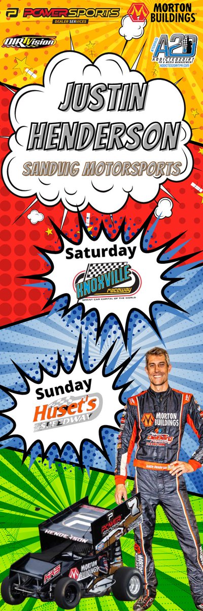 Two nights of racing this weekend for <a href="/Henderson_racin/">Justin Henderson</a> And <a href="/SandvigMike/">Mike Sandvig</a> Motorsports! 

Saturday is a doubleheader at <a href="/knoxvilleraces/">Knoxville Raceway</a> before the team heads to <a href="/HusetsSpeedway/">Huset's Speedway</a> on Sunday! Both point battles are still up for the taking! 

Tune in via <a href="/DIRTVision/">DIRTVision</a> and <a href="/Addicted2DirtPR/">Addicted2Dirt PR & Media Management</a>