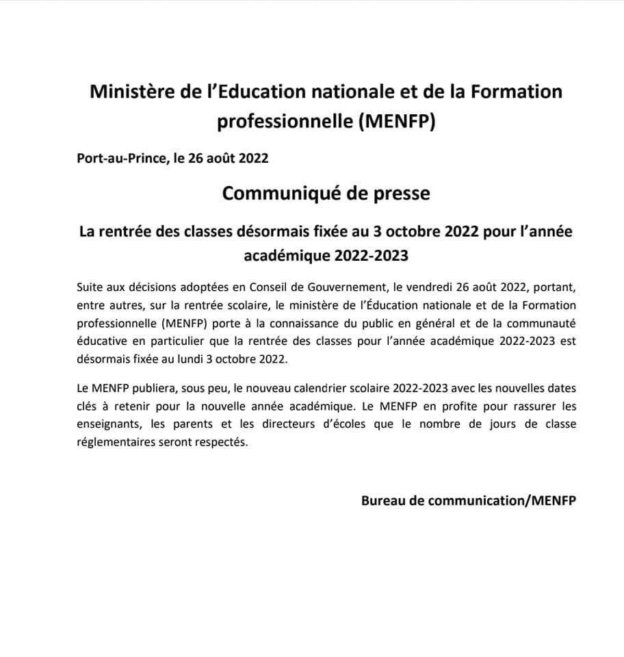 Radio_PlanetX's tweet photo. La rentrée des classes désormais fixée au 3 Octobre 2022 pour l’année académique 2022-2023,  selon un communiqué de presse du @MENFP_Education https://t.co/e0VdKsM6gB