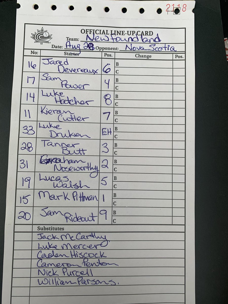 U15TeamNL's tweet photo. Rain delay earlier - up next Team NS in 15 minutes. Let’s go team! Pittman starting pitcher. Tonight’s starting lineup. @RayCarterCup22 @gregwill19 @BaseballNL https://t.co/BhJ5HMNTHa