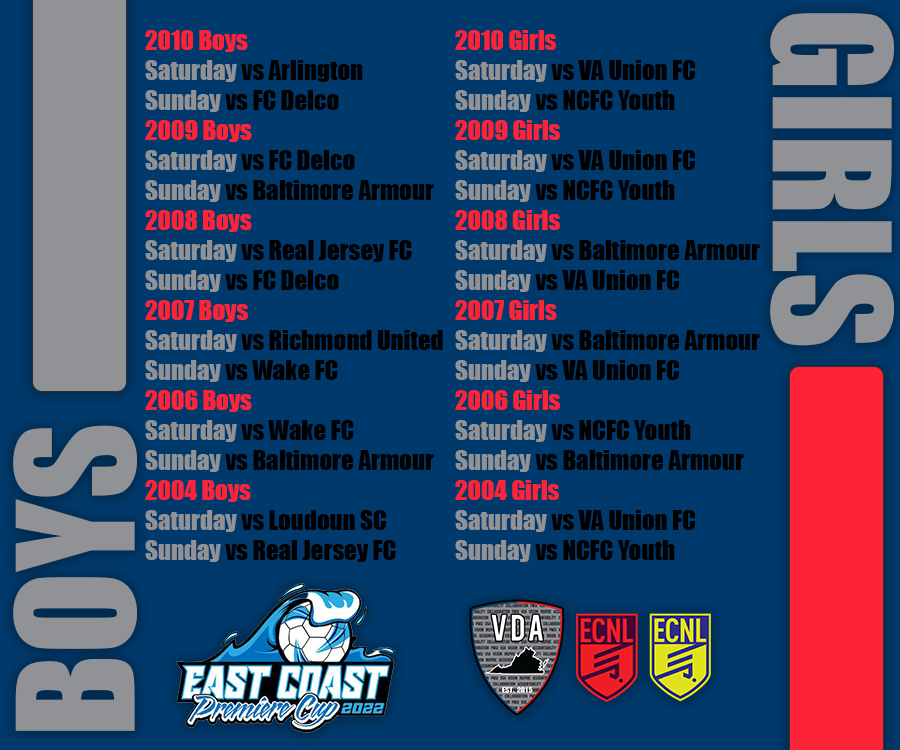 vdasoccer's tweet photo. 💥It is kicking off this weekend for the #VDABoysECNL &amp; #VDAGirlsECNL at East Coast Premier Cup ⏩ Check the match ups for the weekend 
#VDAPreseason #VDABoys #VDAGirls #LetsGoVDA https://t.co/svztqfm23u