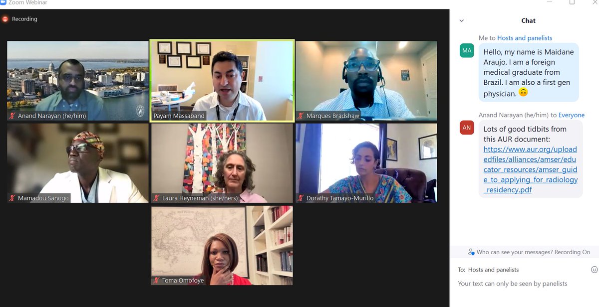 AraujoMaidane's tweet photo. I can't thank enough these wonderful panelists for this perfect "road to radiology residency". Huge thanks to 
@TomaOmofoyeMD @DrMarqBrad @StanfordRadPD @LauraHeyneman @AnandKNarayan Mamadou Sanogo @DrDorathyTamayo https://t.co/DCv1S91R9Y