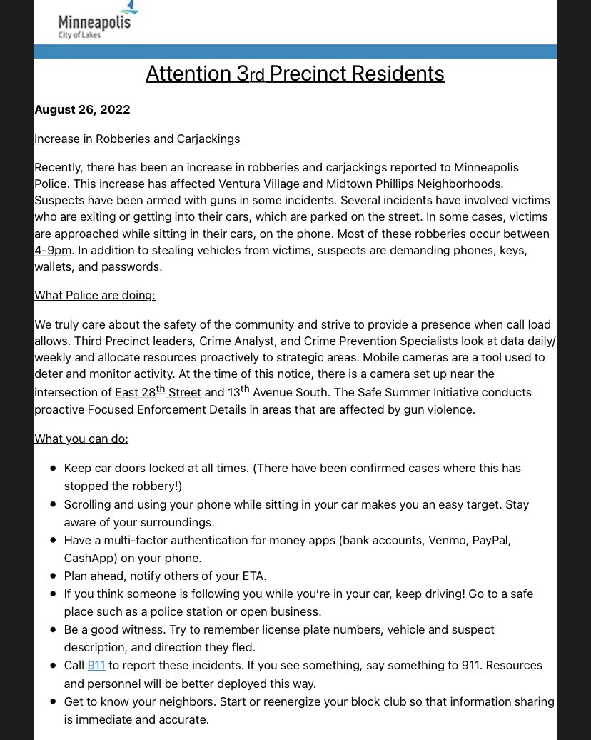 MINNEAPOLIS: MPD says their has been an increase in carjackings and robberies in the 3rd Precinct. https://t.co/QoxPKOjx7G