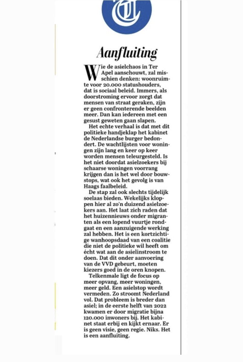Het hoofdredactioneel commentaar in de <a href="/telegraaf/">De Telegraaf</a> windt er geen doekjes om. Lezen jullie mee <a href="/VVD/">VVD</a> 👇