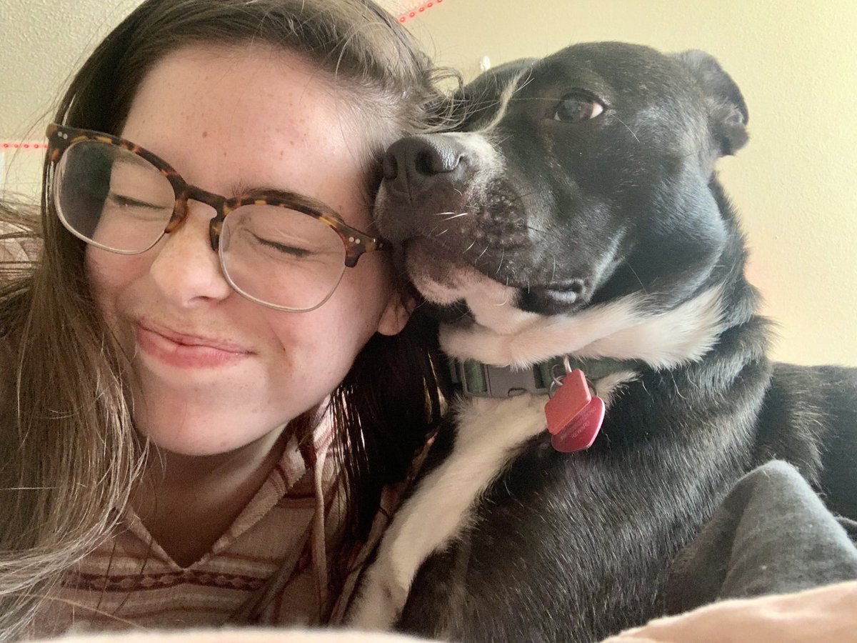 MaeveGoesMoo's tweet photo. I think this picture represents me perfectly - I absolutely love animals, to smile, and lay around in my comfortable sweatshirts! #MCO335 https://t.co/KqYpuJAUGJ