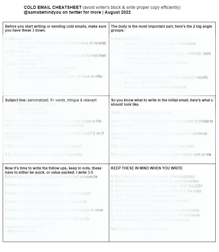 So since I've started getting more &amp; more replies to my cold emails, I've been making a little cheatsheet to keep w/ me to write good copy efficiently &amp; avoid writers' block

Today I'm giving it away 

Retweet this &amp; it's yours to steal 

Must follow me so I can DM you the sheet!