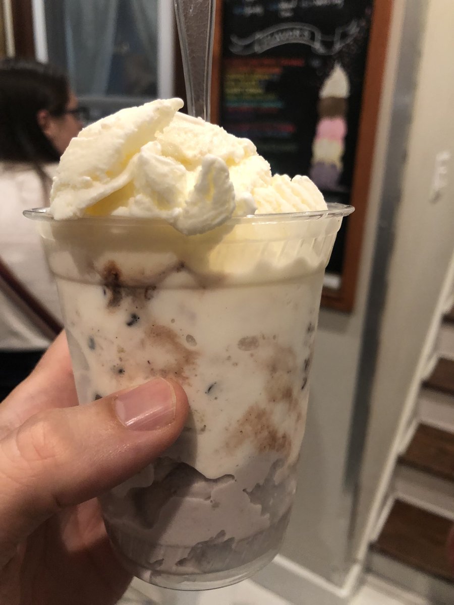 fightingwords2's tweet photo. Mt Desert Ice Cream in Mount Pleasant, DC, because of course: Four Oranges of the Apocalypse on top, followed by Lamington (coconut, chocolate and some other stuff) and then Blueberry Sour Cream Crumble. https://t.co/v4iGkW7REy