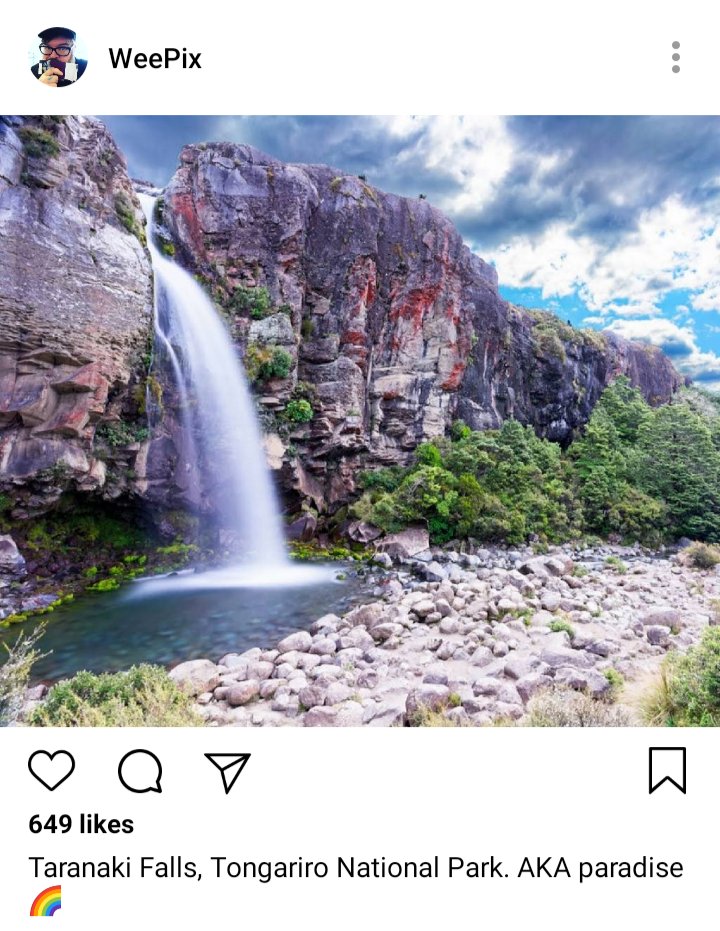 Wee John's Instagram: Taranaki Falls image. Caption: Tarana Falls, Tongariro National Park, AKA Paradise