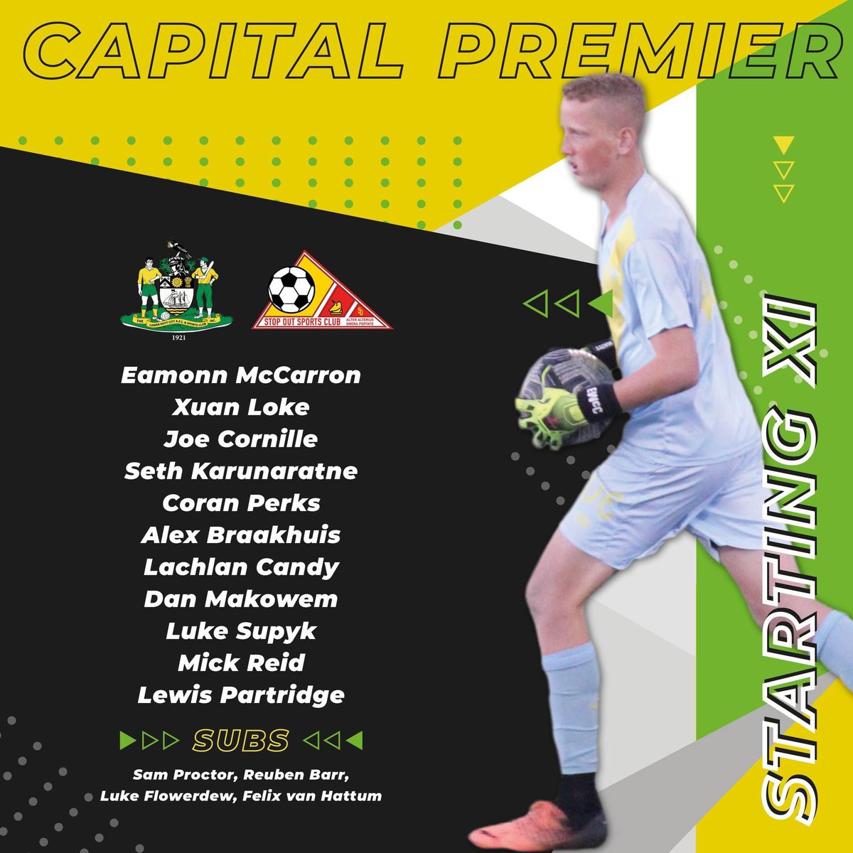 📋 Here's our line up to face Stop Out Sports Club.
⏱ One hour until kick off at Fraser Park

COME ON YOU YELLOWS!! 💛💚💛💚
#CapitalPremier #MCP22