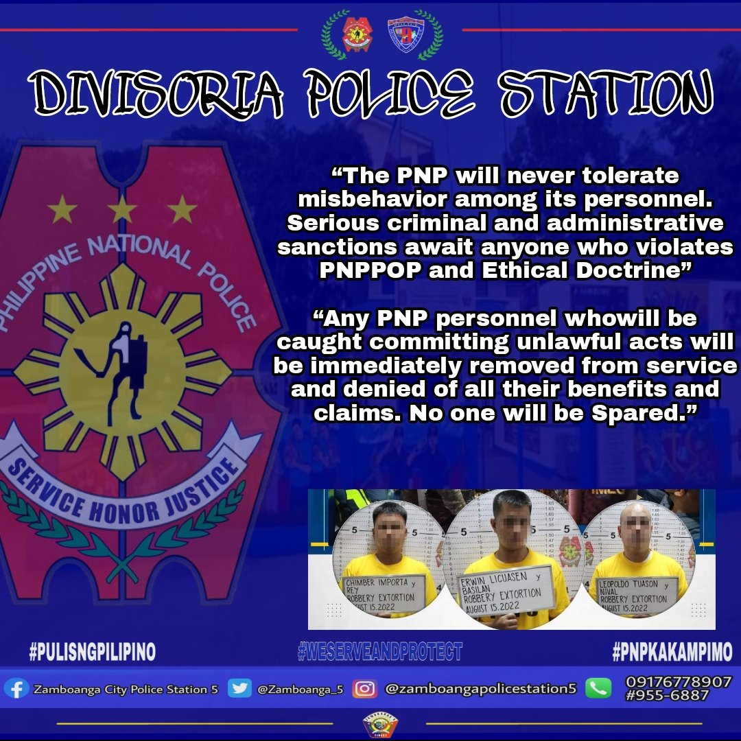 zamboanga_5's tweet photo. βThe PNP will never tolerate misbehavior among its personnel. Serious criminal and administrative sanctions await anyone who violates PNPPOP and Ethical Doctrineβ
#PNPKakampiMo
#WeServedAndProtect
#PNPInternalCleansingProgram
#NoToScalawags
#TeamPNP https://t.co/CDrUq2iHxw