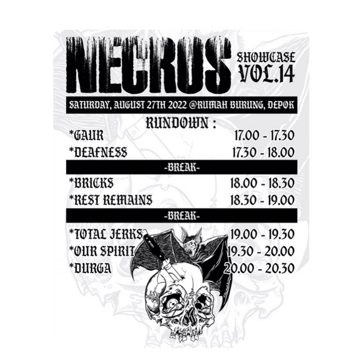 durgabuas's tweet photo. Live at Necros Showcase vol. 14
Sabtu, 27 Agustus 2022 (Depok)

Untuk jejaring pertemanan dan informasi, silahkan hubungi @necrosrecords 
Sampai jumpa!

Poster by @Srumnation 

#durga #durgabuas #momentumtour2022 #hustedyouth #necrosrecords https://t.co/Fj8OEHkCZ5